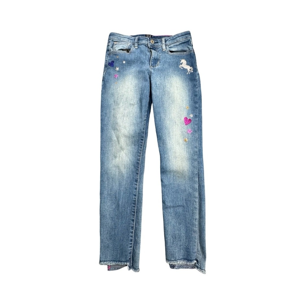 Gap Jegging Girls 12 Blue Stretch High Rise Ankle Unicorn Heart Glitter‎ Raw Hem
